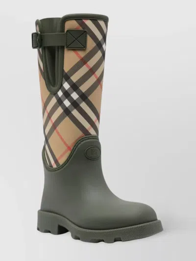 Burberry Check Pattern Knee-high Rubber Sole Boots In Gray
