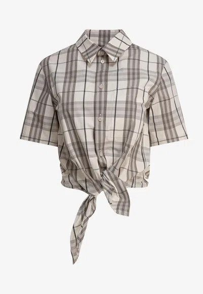 Burberry Check-pattern Knotted Cropped Shirt In Grey