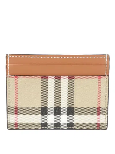 Burberry Check Pattern Leather Cardholder With Contrasting Trim In Neutral