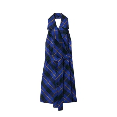 Burberry Check Pattern Linen Halter Dress In Blue