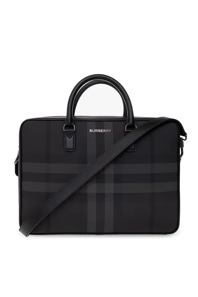 Burberry Check Pattern Logo Plaque Briefcase In Grey