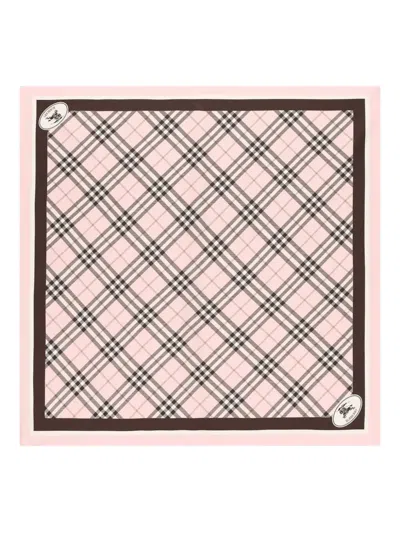 Burberry Silk Square Scarf Featuring Plaid Design In Pink