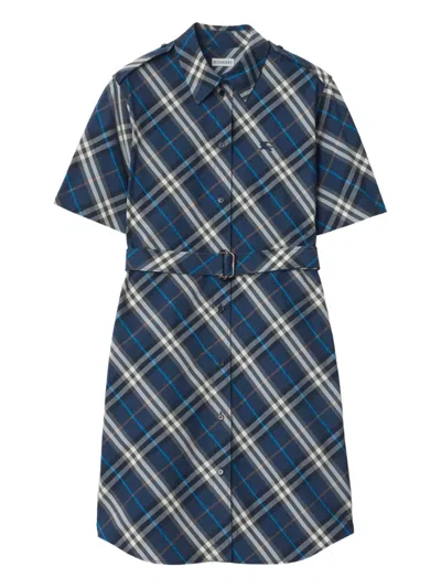Burberry Check-pattern Mini Shirt Dress In Blue