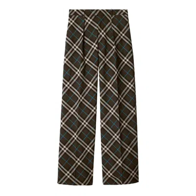 Burberry Check Pattern Oversized Wool Blend Trousers In Brown