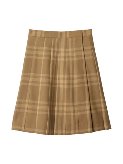 Burberry Kids' Check-pattern Pleated Skirt In Dark Sand