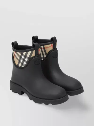 Burberry Check Pattern Rubber Ankle Boots With Pull Tabs In Black