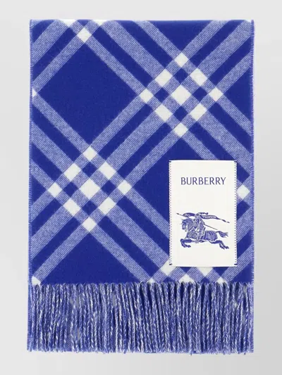 Burberry Check Pattern Scarf Foulard Fringe Detail In Blue