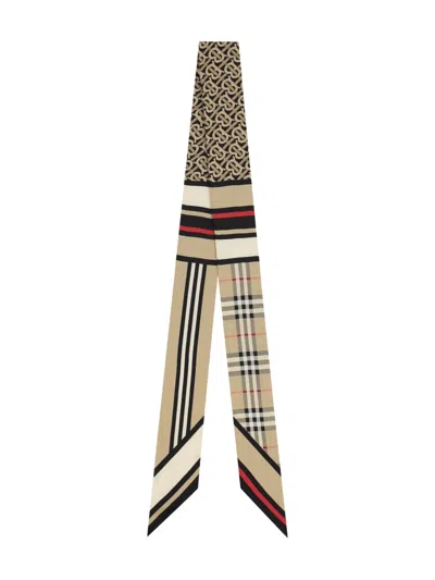Burberry Triple Check Stripe Tb Silk Ribbon Scarf In Beige