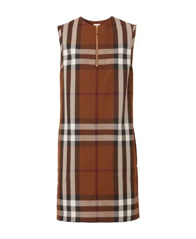 Burberry Sleeveless Check Wool Cotton Jacquard Dress In Dark Birch Brown
