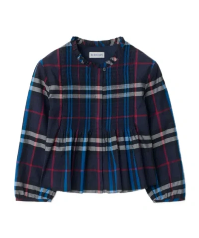 Burberry Kids' Check-pattern Smocked Blouse In Blue