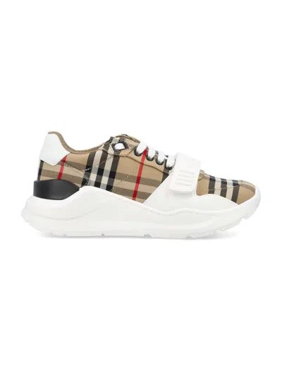 Burberry Check Pattern Sneakers In Archive Beige For Women By London Designer For Ss24 In Tan