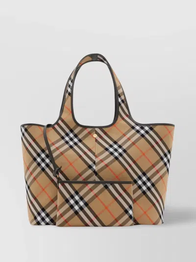 BURBERRY CHECK PATTERN TOTE WITH CALFSKIN TRIM