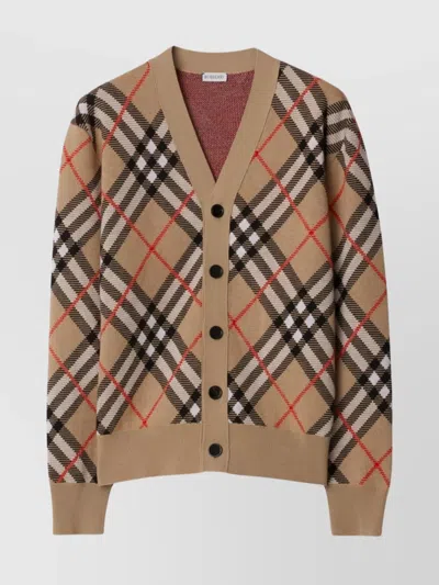 Burberry Check Pattern V-neck Cardigan With Ribbed Cuffs In Nude & Neutrals
