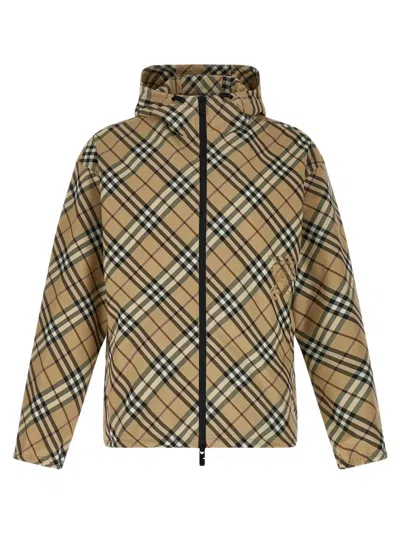 Burberry Check Pattern Water-repellent Jacket With Adjustable Hood In Neutral