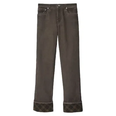 Burberry Check Pattern Wide Leg Cotton Jeans In Brown