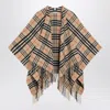 Burberry Charlotte Cape With Plaid Pattern And Fringe In Neutral