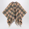 Burberry Charlotte Cape With Plaid Pattern And Fringe In Neutral