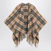Burberry Charlotte Cape With Plaid Pattern And Fringe In Neutral