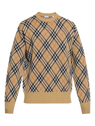 BURBERRY CHECK-PATTERN WOOL CREW NECK SWEATER
