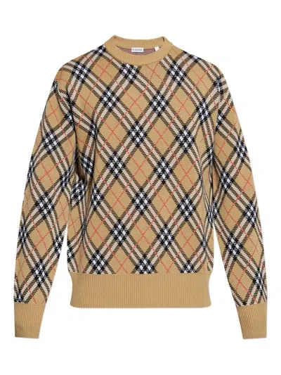 Burberry Check-pattern Wool Crew Neck Sweater Clothing In Brown