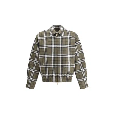 Burberry Men Check Pattern Wool Harrington Jacket In Green