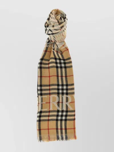 BURBERRY CHECK PATTERN WOOL SCARF FRINGED EDGES