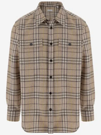 Burberry Check Pattern Wool Shirt In Beige