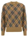 Burberry Plaid Crewneck Sweater With Ribbed Trims In Brown