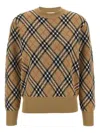 Burberry Plaid Crewneck Sweater With Ribbed Trims In Brown