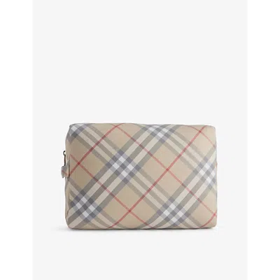 Burberry Check-pattern Woven Baby Changing Pouch In Pale Stone Ip Check
