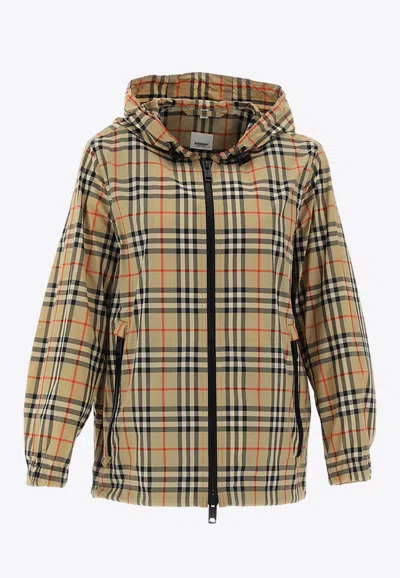 Burberry Check Pattern Zip-up Hooded Jacket In Beige
