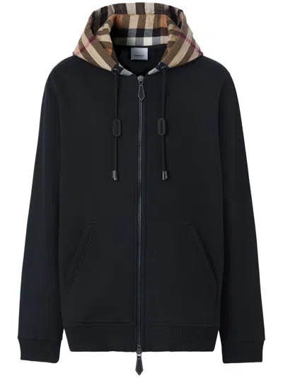 Burberry Check-pattern Zip-up Hoodie In Black