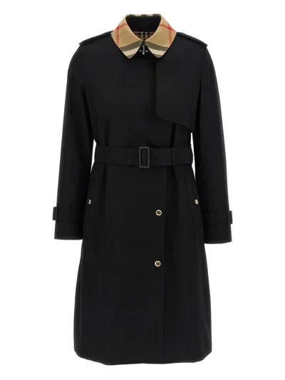 Burberry Check Pattern-collar Belted Trench Coat In Black