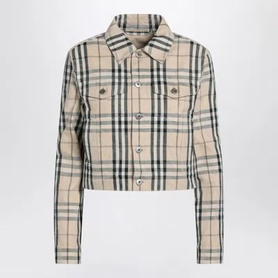 Burberry Check Patterned Cropped Denim Jacket Women In Yellow