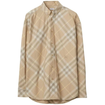 Burberry Check Patterned Logo Embroidered Shirt In Neutrals