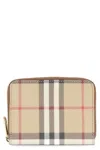 Burberry Structured Check Pattern Wallet With Zip Closure In Beige