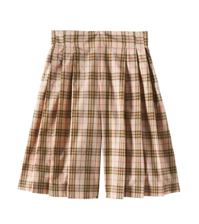 Burberry Kids'  Check Pleated Cotton Bermuda Pants In Beige