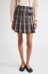 Burberry Leather-trimmed Pleated Checked Wool Mini Skirt In Black