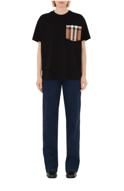 Burberry Check Pocket Cotton T-shirt In Black