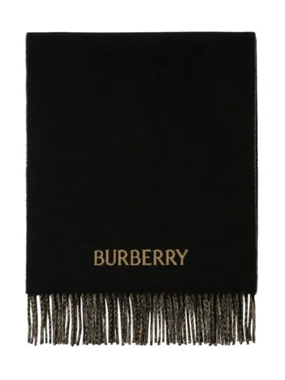 Burberry Check Print Cashmere Scarf With Signature Embroidery In Black