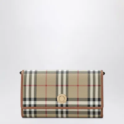 Burberry Check Print Chain Wallet In Beige