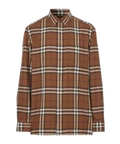 Burberry Button-down Collar Check Cotton Flannel Shirt In Dark Birch Brown Check
