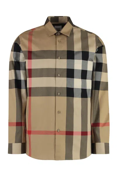 Burberry Check Print Cotton Shirt In Beige