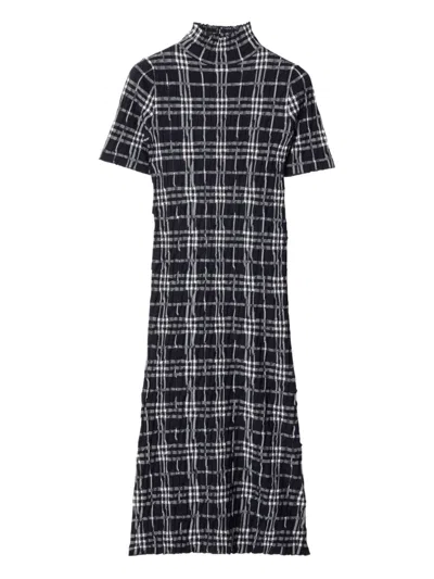 Burberry Check Turtleneck Wool Blend Dress In Black