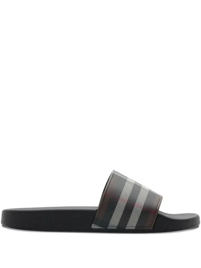 Burberry Check-print Flat Slides In Brown