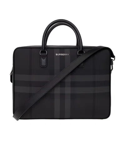 Burberry Check-print Leather Briefcase In Black