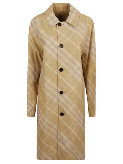 Burberry Check Print Long Coat In Flax