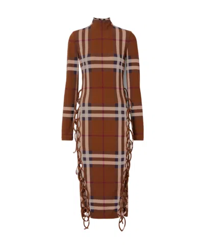 Burberry Check-print Side-ties Midi Dress In Brown