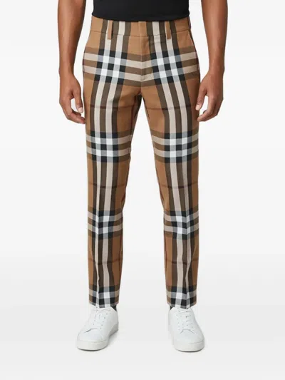 Pre-owned Burberry Check Print Slim-fit Wool Trousers In Brown