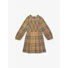 Burberry Sand Ip Check Check-print Smocked Cotton-poplin Dress 3-14 In Brown
